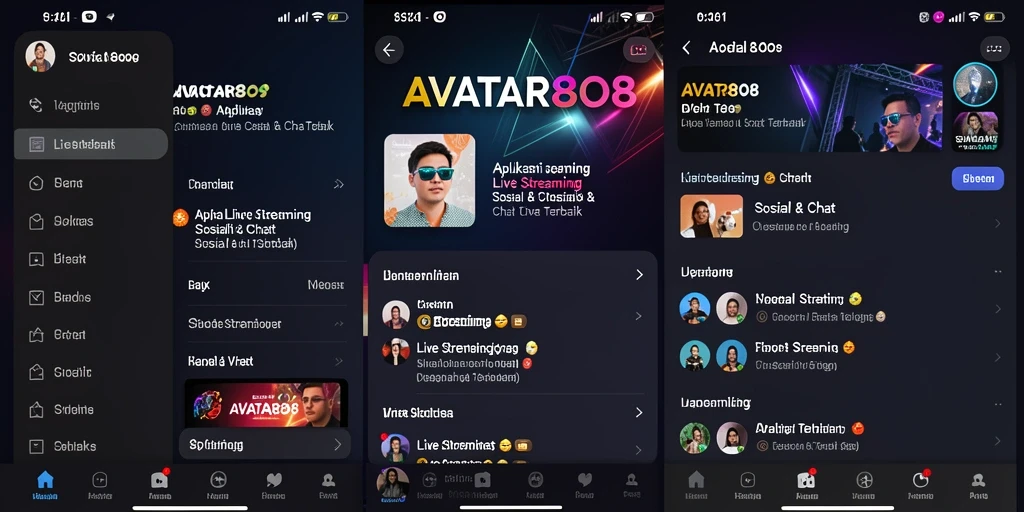 Antarmuka aplikasi <strong>AVATAR808</strong> dengan fitur Live Streaming yang menarik dan interaktif.