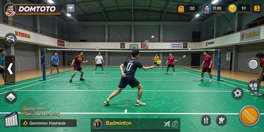 Tampilan antarmuka permainan badminton yang menarik dan interaktif.