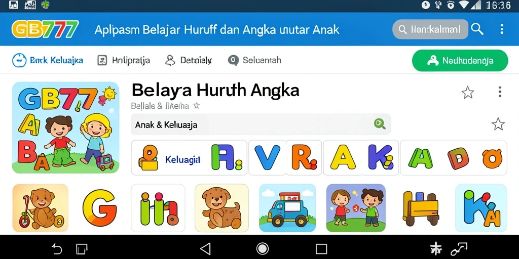 Tampilan antarmuka GB777 yang menarik dan interaktif untuk belajar huruf dan angka.